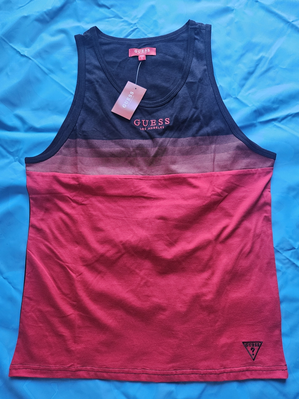 GUESS Men’s Black and Red Gradient Colorblock Tank Top